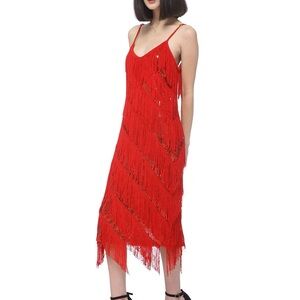 Anna-Kaci Asymmetrical Red Fringe Dress